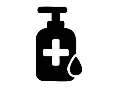 Beyaz arka planda izole edilmiş, pompalı ve damlacıklı el dezenfektanı şişesinin siyah silüeti. hijyen, temizlik aracı, sağlık, güvenlik, ikon, tasarım elementi kavramı.