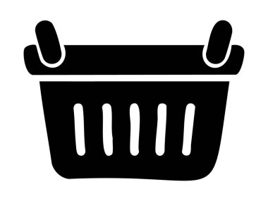 Siyah siluet çamaşır sepetinin sapları beyaz arka planda izole. Ev eşyası kavramı, temizlik malzemeleri, ev düzeni, çamaşır ikonu.