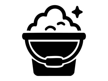 Beyaz arka planda izole edilmiş sabunlu kova içeren siyah siluet temizlik aracı simgesi, grafik çizimi. Temizlik, çamaşır, temizlik, ikon, tasarım unsuru.