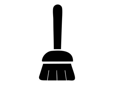 Beyaz arka planda izole edilmiş saplı siyah bir süpürge silueti. Temizlik konsepti, ev aletleri, hijyen, temizlik, angarya, tasarım unsuru.