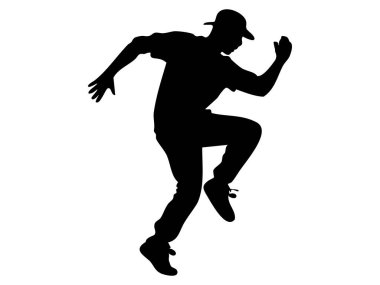 Dans eden adamın dinamik siyah silüeti, beyaz arka planda izole edilmiş, grafik çizimi. dans, hareket, performans, şehir kültürü, yaratıcı ifade.