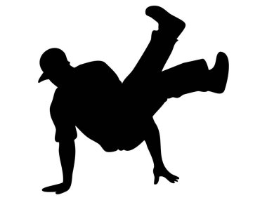 Dans eden adamın siyah silueti beyaz arka planda izole bir şekilde poz veriyor, grafik çizim. Dans, hip hop, hareket, şehir kültürü, ikon.