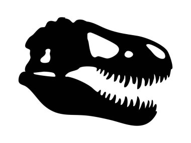 Keskin dişleri ve geniş çenesi olan siyah siluet Tyrannosaurus rex kafatası, beyaz arka planda izole edilmiş, grafik çizimi. Tarih öncesi dinozor iskeleti kavramı, T rex fosili.