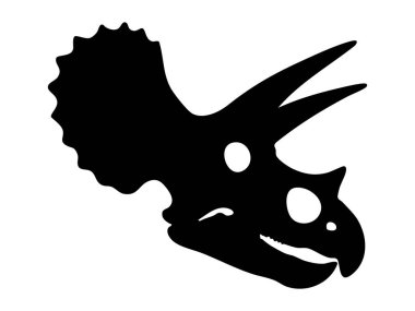Büyük boynuzları ve fırfırları olan siyah Triceratops kafatası silueti, beyaz arka planda izole edilmiş, grafik çizimi. Tarih öncesi dinozor iskeleti kavramı, Ceratopsian fosili, tasarım elementi.