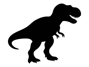 Tyrannosaurus Rex dinozorun siyah silueti kükreyen bir duruşta, beyaz arka planda izole edilmiş, grafik çizimi. Tarih öncesi hayvan konsepti, t-rex simgesi, nesli tükenmiş yaratık.