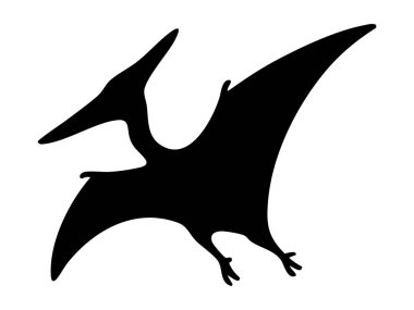 Uzun kanatlı ve başlıklı uçan Pteranodon 'un siyah silueti, beyaz arka planda izole edilmiş, grafik çizimi. Tarih öncesi Pterosaur kavramı, Jurasik uçan sürüngen, tasarım elementi.