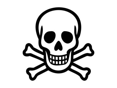 Beyaz arka planda izole edilmiş çapraz kemikli insan kafatası çizgisi, grafik çizimi. Simge konsepti, kafatası sembolü, korsan bayrağı, tasarım unsuru, cadılar bayramı dekoru, ölüm sembolü.