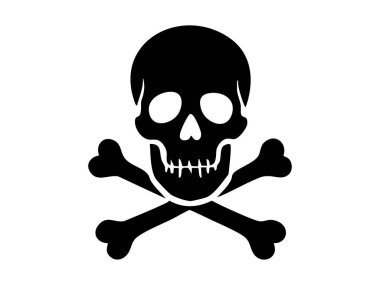 Çapraz kemikli siyah insan kafatası silueti, beyaz arka planda izole edilmiş, grafik çizimi. Tehlike konsepti, korsan sembolü, fanilik, tasarım unsuru, cadılar bayramı dekoru.