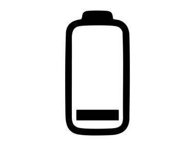 Beyaz arka planda düşük şarjlı bir batarya ikonunun siyah silüeti, grafik çizimi. Güç konsepti, enerji, şarj sembolü, teknoloji, simge, logo, tasarım ögesi.