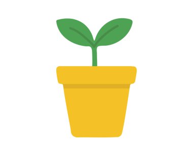 Sarı bir saksıda yeşil fidan, beyaz arka planda illüstrasyon. Bahçe işleri, tarım, büyüme, bitki yaşamı, çevre dostu doğa, botanik sanatı, ev dekorasyonu, izole tasarım, ev bitkisi.