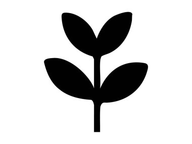 Beyaz arka planda üç yapraklı siyah bir bitki silueti, resimleme. Tohum, fidan, doğa, büyüme, botanik element, çevre dostu tasarım, minimalist simge.