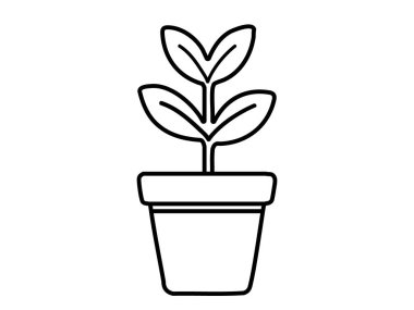 Beyaz arka planda izole edilmiş yaprakları olan bir saksı bitkisinin siyah çizgisi, grafik çizimi. Doğa konsepti, bahçıvanlık, ev bitkisi, büyüme, bitki simgesi, tasarım unsuru.
