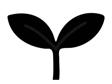 Beyaz arka planda izole edilmiş iki yapraklı, basit siyah bitki silueti, grafik çizimi. Büyüme, doğa, filizlenme, organik, çevre dostu tasarım unsuru.