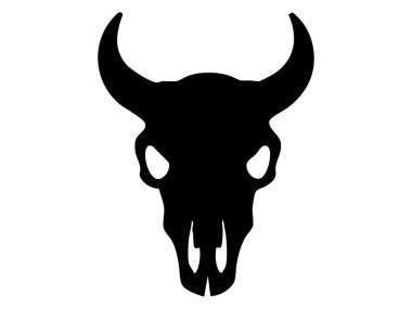 Beyaz arka planda izole edilmiş, geniş kavisli boynuzları olan siyah bir bufalo kafatası silueti. Vahşi hayvan iskeleti kavramı, batı boho dekor, kabile dövmesi tasarımı unsuru..