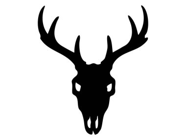 Geyik kafatasının siyah silueti, geniş dallı boynuzları, beyaz arka planda izole edilmiş, grafik çizimi. Vahşi hayvan iskeleti kavramı, geyik kafatası, tasarım elementi.