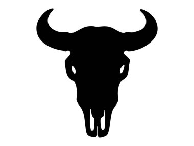 Beyaz arka planda izole edilmiş geniş boynuzlu siyah bufalo ya da öküz kafatası resmi. Vahşi hayvan iskeleti kavramı, kabile avcılığı sembolü, tasarım elementi.