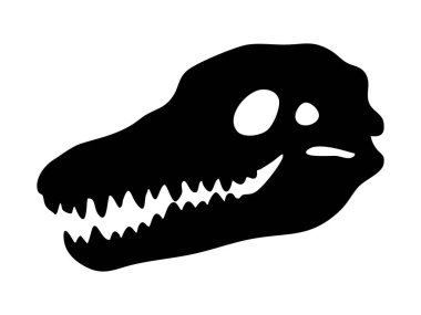 Keskin dişleri ve beyaz arka planda izole edilmiş uzun burnu olan siyah timsah kafatası silueti, grafik çizim. Vahşi sürüngen iskeleti, timsah, kertenkele tasarım elementi kavramı.