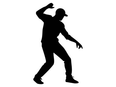 Dinamik pozlarda dans eden siyah bir adamın silüeti, beyaz arka planda izole edilmiş, grafik çizimi. dans, hareket, sahne sanatları, simge, tasarım ögesi konsepti.