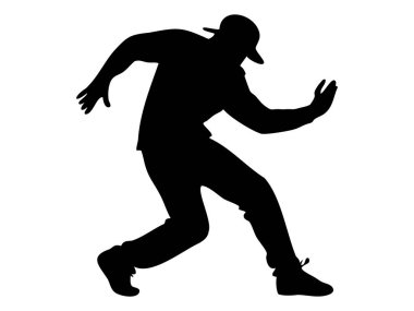 Dansçı adamın dinamik siyah silueti beyaz arka planda izole edilmiş, grafik illüstrasyon. Hareket konsepti, hip-hop dansçısı, sokak sanatı, tasarım unsuru.