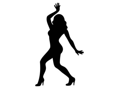 Dans eden bir kadının siyah silueti beyaz arka planda izole bir şekilde poz veriyor. dans, hareket, kadın figürü, performans, simge, logo, tasarım ögesi konsepti.