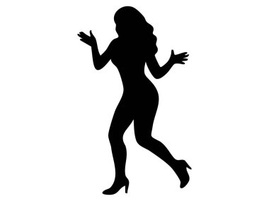 Dans eden bir kadının siyah silueti, beyaz arka planda izole edilmiş, grafik çizimi. dans, hareket, kadın figürü, sanat, siluet tasarım elementi.