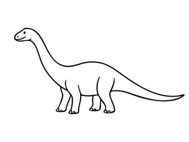 Uzun boyunlu ve kuyruklu, beyaz arka planda izole edilmiş siyah Diplodocus dinozoru çizgisi, grafik çizimi. Dev tarih öncesi otoburlar, sauropod türleri, jurasik hayvanlar kavramı.