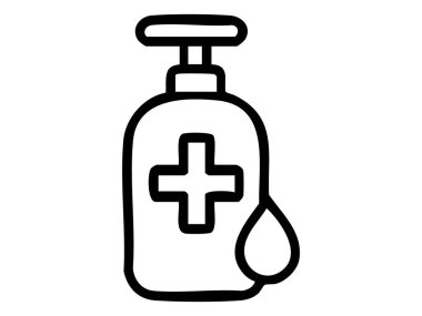 Pompalı ve damlacıklı el dezenfektanı şişesinin siyah çizgisi, beyaz arka planda izole edilmiş. hijyen, temizlik aracı, sağlık, güvenlik, ikon, tasarım elementi kavramı.