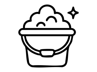 Beyaz arka planda izole edilmiş sabunlu kova içeren siyah temizlik aracı simgesi, grafik çizimi. Temizlik, çamaşır, temizlik, ikon, tasarım unsuru.