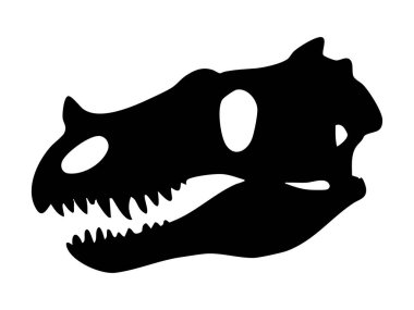 Keskin dişleri ve dar çenesi olan siyah Velociraptor kafatası silueti, beyaz arka planda izole edilmiş, grafik çizimi. Tarih öncesi yırtıcı iskelet kavramı, yırtıcı dinozor fosili.