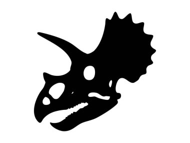 Büyük boynuzları ve fırfırları olan siyah Triceratops kafatası silueti, beyaz arka planda izole edilmiş, illüstrasyon. tarih öncesi dinozor iskeleti, Ceratopsian fosili, antik otobur tasarım elementi.