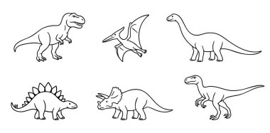 T-rex, Pterodactyl, Stegosaurus ve diğerleri gibi çeşitli dinozor türlerinin beyaz arka planda izole edilmiş çizimleri. Tarih öncesi hayvan kavramları, nesli tükenmiş yaratıklar..