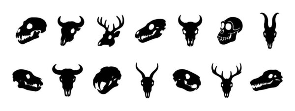 Black silhouette of various animal skulls, isolated on white background, graphic illustration. concept of wildlife, mysterious art, skull designs, decor elements, tribal tattoo symbols, collection.