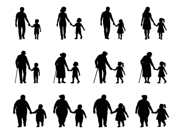 Farklı yaşlardaki yetişkinlerin siluetleri ve beyaz arka planda el ele yürüyen çocuklar. Aile nesli kavramı, çocuk bakımı, ebeveyn çocuk ilişkisi, birlikte yürüme..