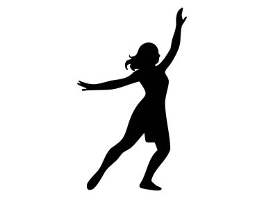 Beyaz arka planda soyutlanmış zarif poz veren dans eden kadın silueti. Dans konsepti, kadın hareketi, sanat, koreografi, fitness, tasarım elementi.