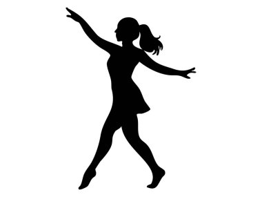 Beyaz arka planda izole edilmiş zarif pozlarda dans eden kadın silueti, grafik çizim. Dans konsepti, kadın zarafeti, hareket, sanat, tasarım unsuru.