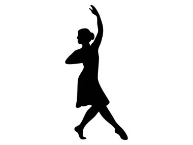 Beyaz arka planda izole edilmiş zarif pozlarda dans eden siyah kadın silüeti, grafik çizimi. Bale, dans, zarif hareket, ikon, sanat konsepti.