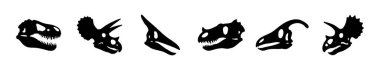 Beyaz arka planda izole edilmiş siyah renkli dinozor kafatası siluetleri, grafik çizimler. Tarih öncesi iskelet koleksiyonu kavramı, antik fosiller, paleontoloji, tasarım elementleri.