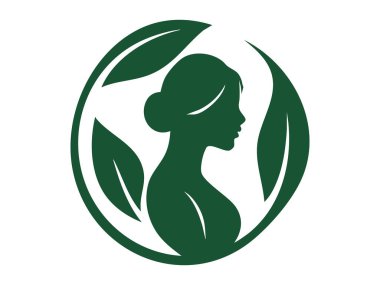 Yaprakları dairesel bir çerçeve oluşturan yeşil bir kadın silueti, grafik çizim. Doğa, kadınlık, güzellik, çevre dostu, tasarım unsuru, uyum, logo.