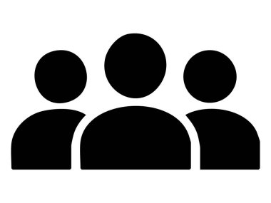Önden görünen üç kişinin siyah siluetleri, beyaz arka planda izole edilmiş, grafik çizimi. Takım, grup, topluluk, simge, logo, tasarım ögesi konsepti.