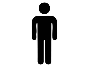 Beyaz arka planda izole edilmiş siyah bir adam silueti, çizim. Simge, logo, erkek figürü, minimalist tasarım, insan sembolü, tabela, tuvalet işareti, cinsiyet sembolü, WC göstergesi.