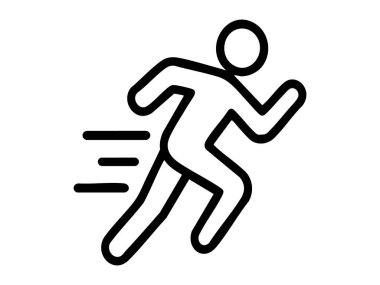 Beyaz arka planda izole edilmiş siyah çizgili koşu insan silüeti, grafik çizimi. Fitness konsepti, atletik hareket, spor simgesi, logo, tasarım unsuru.