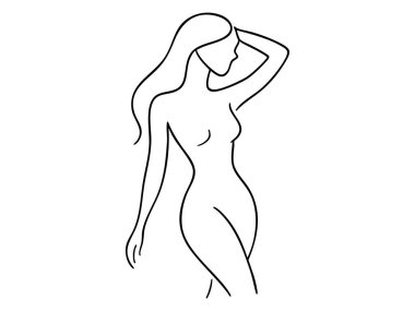 Beyaz arka planda izole edilmiş zarif bir kadın çizgisi, grafik çizimi. Moda konsepti, modern sanat, minimalist dekor, tasarım unsuru, simge, logo.