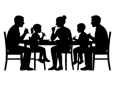 Masada aile yemeğinin siyah silueti, beyaz arka planda izole edilmiş, grafik çizimi. Aile yemeği konsepti, birliktelik, çocuklu ebeveynler, tasarım unsuru.