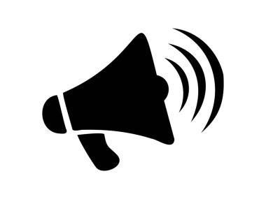 Beyaz arkaplanda izole edilmiş ses dalgalarıyla megafonun siyah silueti, grafik çizim. İletişim konsepti, duyuru, hoparlör, simge, tasarım ögesi.