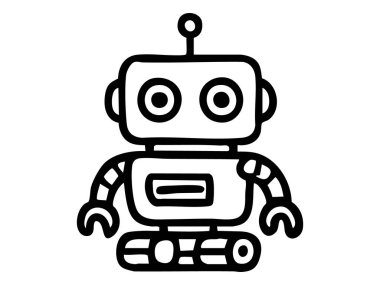 Beyaz arka planda izole edilmiş siyah robot oyuncağı çizgisi, grafik çizimi. Teknolojik ikon, robot tasarımı, oyuncak karakter, logo, fütüristik cihaz, eğlence sanatı konsepti.