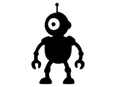 Ayakta duran siyah oyuncak silueti, beyaz arka planda izole edilmiş, grafik illüstrasyon. Teknoloji konsepti, fütüristik tasarım, çocuk oyuncağı, simge, logo, tasarım unsuru.