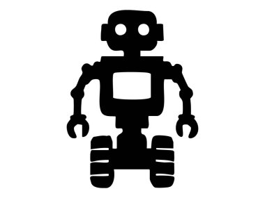 Beyaz arka planda izole edilmiş, belirgin özelliklere sahip siyah robot oyuncağı. Grafik çizimi. Fütürist oyuncak kavramı, bilim kurgu karakteri, ikon, logo, tasarım unsuru.