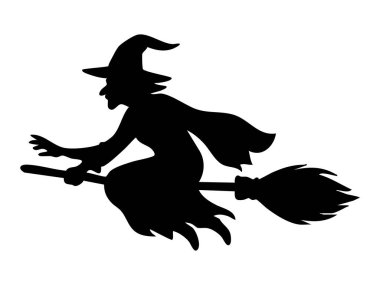 Siyah cadı silueti süpürge üzerinde uçuyor ürkütücü sahnede, beyaz arka planda izole edilmiş, grafik çizim. Cadılar Bayramı konsepti, sihir, fantezi, gizemli karakter, ikon, logo.