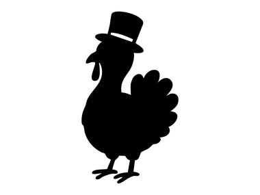 Siyah şapkalı hindi silueti, beyaz arka planda izole edilmiş, grafik çizimi. Kuş konsepti, şükran günü, şenlikli dekor, simge, logo, tasarım elementi.