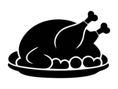 Kızarmış hindinin siyah silueti bir tepside garnitürlerle, beyaz arka planda izole edilmiş, grafik çizimi. Yemek konsepti, Şükran Günü, bayram yemeği, ikon, logo, tasarım elementi.